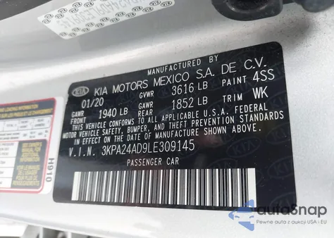2020 Kia Rio Lx z USA, uszkodzony, nr VIN 3KPA24AD9LE309145